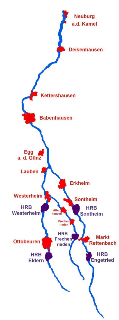 Übersicht über die Standorte für die fünf Rückhaltebecken des Hochwasserschutzprojekts Günztal. Grafik: Wasserwirtschaftsamt Kempten